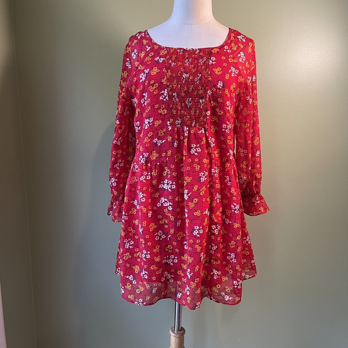 Free People Womens Mini Dress Red Floral Smocking Retail $108 - Size Small