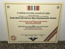 COAST GUARD PRESIDENTIAL UNIT COMMEMORATIVE CITATION CERTIFICATE W/PRINTING T-1