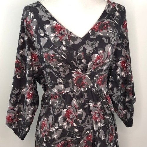 Garnet Hill Gray Grey Red Large Floral Dress V Neck Small Swingy Babydoll S - Picture 2 of 11