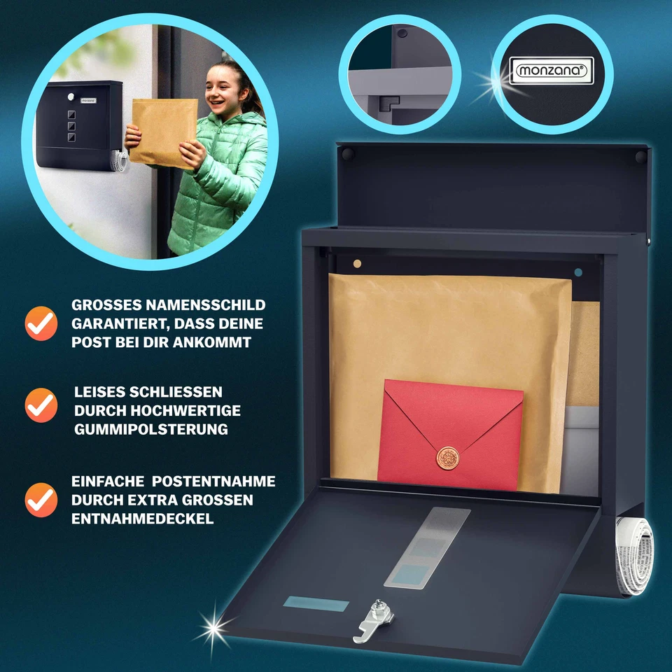 MONZANA® Briefkasten Edelstahl Wandbriefkasten Zeitungsfach Postkasten Mailbox - Bild 3 von 4