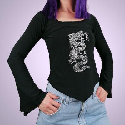 Y2K Silver Dragon Print Top Flared Bell Sleeves Whimsy goth T