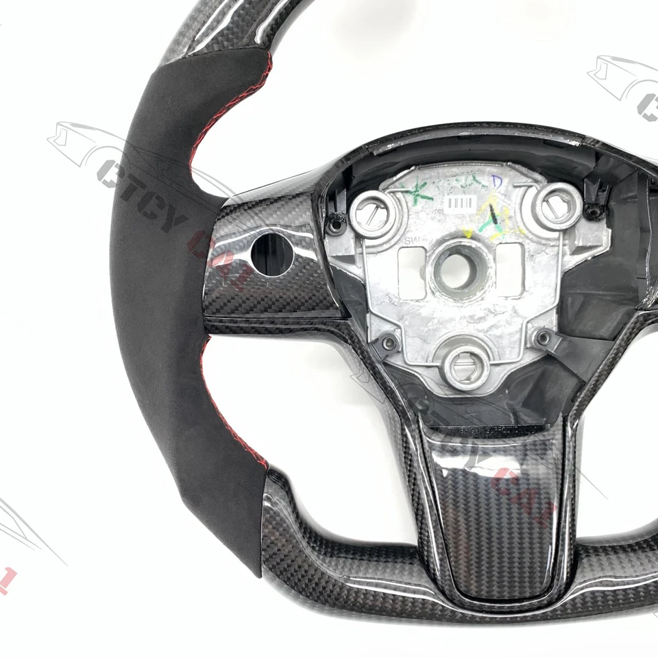 Volante de fibra de carbono personalizado para Tesla modelo 3/Y 2017-2022 con moldura Foto 2 de 4