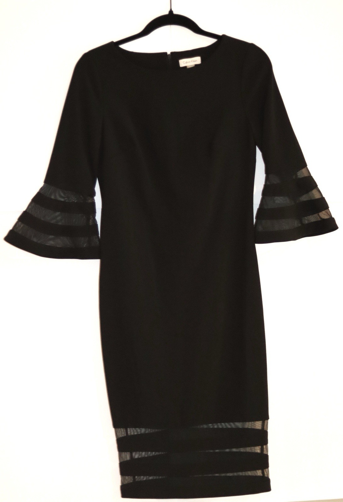 Calvin Klein Black Sheath Dress Size 4 Knee Length Sheer Stripe 3/4 Bell