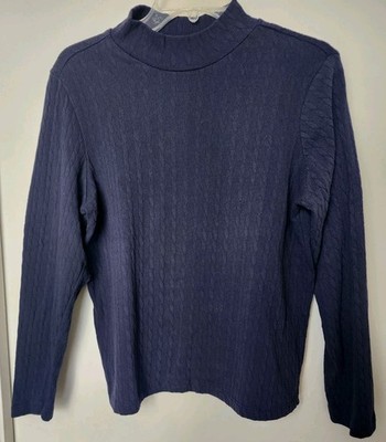 Basic Editions Turtleneck Top Size L Navy Blue Pull Over Long Sleeve Textured 