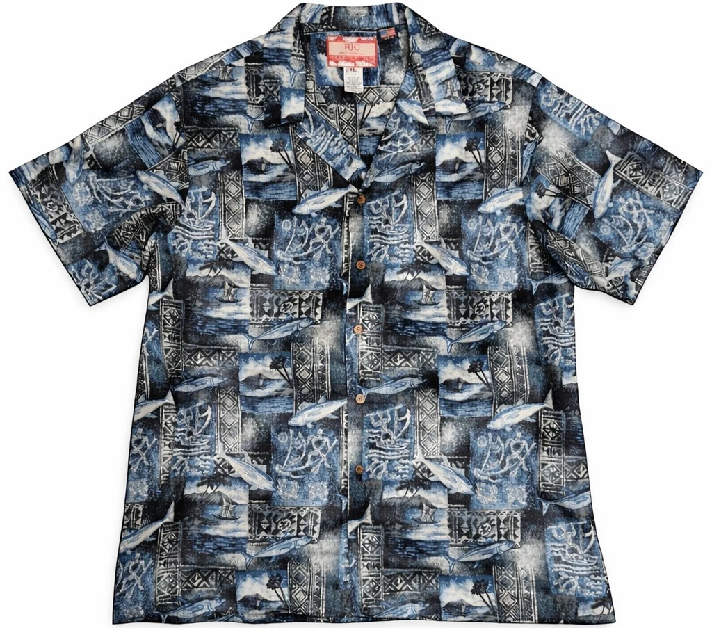 RJC Hawaii Aloha Shirt Mens XL Blue Scenic Island Print Made USA Cotton