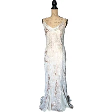 Fairycore Vintage 90s Monsoon Cream & Gold Long Bias Cut Dress UK 14/16 (US 12)