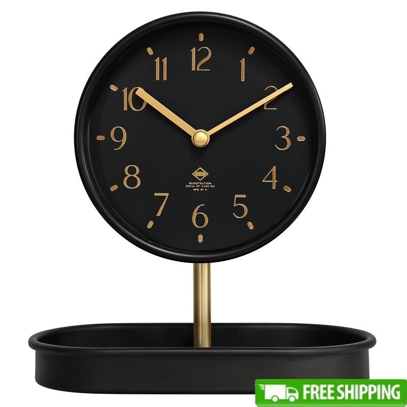 Black Gold Tabletop Clock W/ Trinket Tray Home Décor Accent Quartz Timer Garden