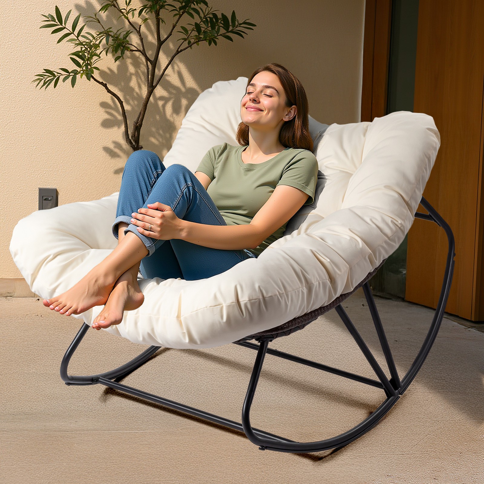 38in In/Outdoor Rocking Oversized Patio Wicker Egg with Cushion Lounge Chair