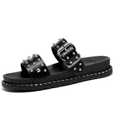 Womens Ladies Flat Studs Buckle Chunky Flatform Slip On Sliders Slides Sandals