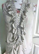 Bastyan Taupe Grey 100% Silk Ruffle Front Sleeveless Blouse UK12 - Work Party