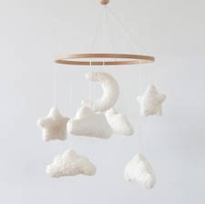 Cloud Crib Mobile Baby for Neutral Boho Moon and Clouds White