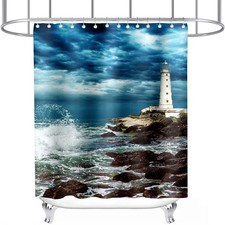 Ocean Lighthouse Shower Curtain Nautical Rock Sea Wave Theme for Kids Bathroo...