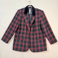 Sag Harbor Red Green Tartan Plaid Wool Blazer Black Velvet Gold Thread Petite 16