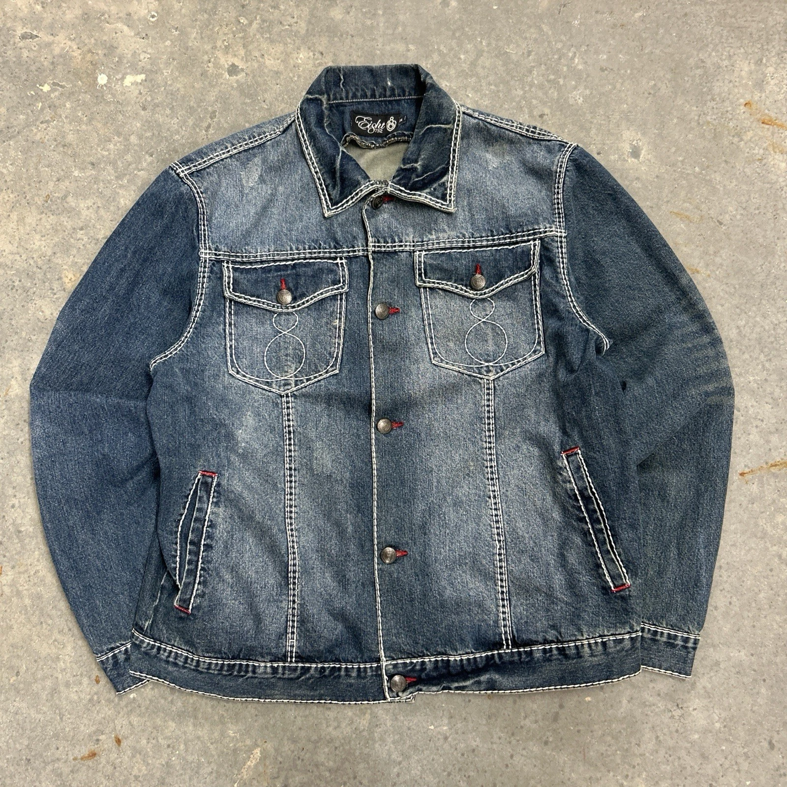 Vintage Y2K Eight 732 Faded Wash Blue Denim Jacket with Embroidered Details XXL