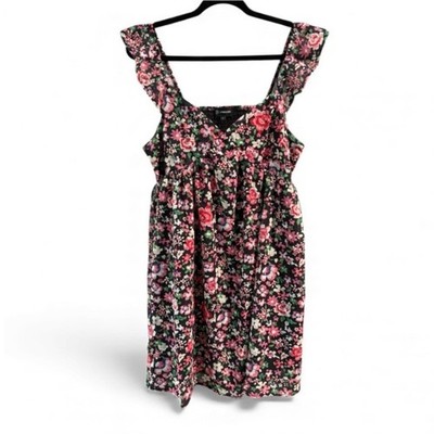 Merigold Kiss Floral Eyelet Mini Dress Large Black Pink Ruffle Smocked NWT