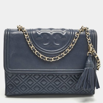 Tory Burch Navy Blue Quilted Leather Fleming Shoulder Bag | eBay