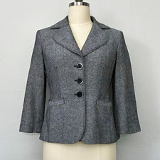 Ann Taylor Black  White Mottled Button-Front Blazer 4/5 Sleeve Lined Pockets 4
