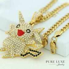 Men 20"Stainless-Steel  Cuban Chain,Pokemon pikachu CZ Charm,Gold Plated Box