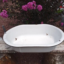 Antique Enamelware Oval Wash Basin 27 1/2” White with Black Trim