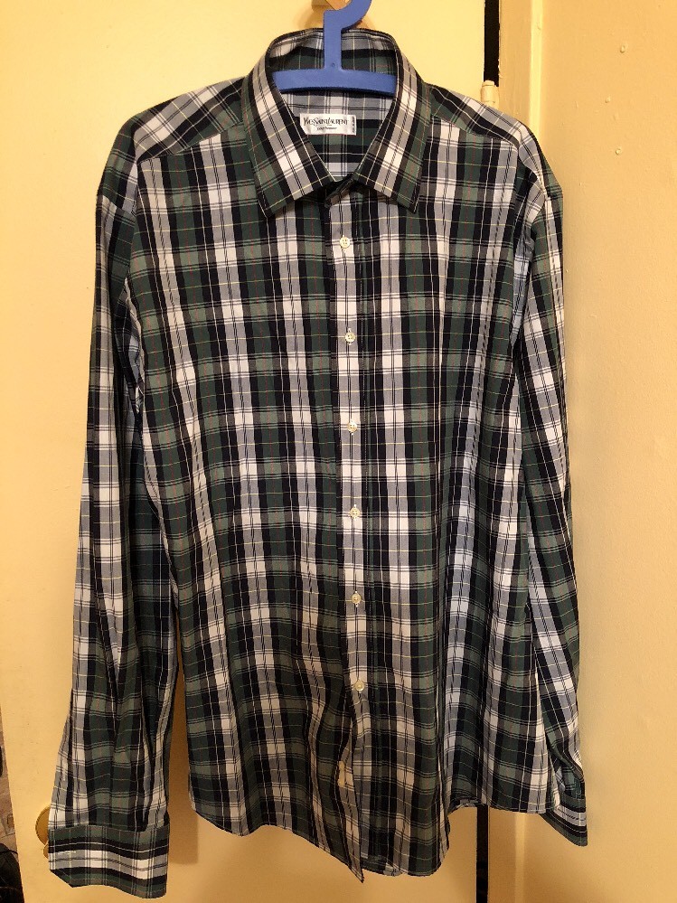Camicia abito Yves Saint Laurent YSL a quadri a quadri verde bianco 45 18
