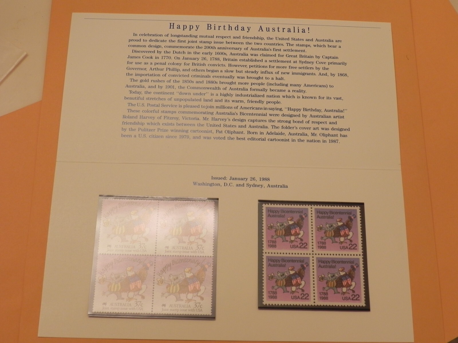 US 1988 US Australia Joint Issue Folder with 8 Mint Stamps Scott 2370 ...