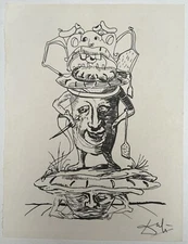 Salvador Dalí (Handmade) Drawing On old Paper Signed & Stamped,Vtg Art