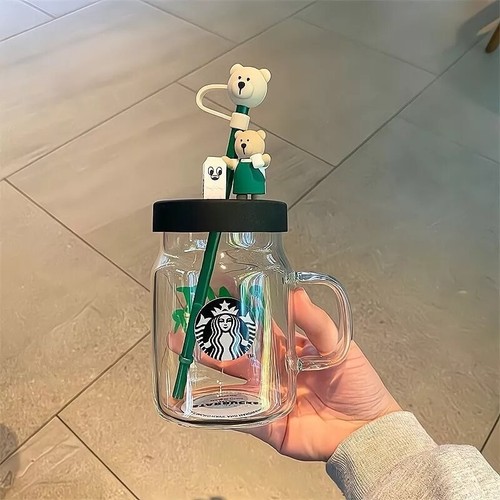 Starbucks China Mason Straw Cups 16oz Bear Glass Cup With Green Canvas Carry Bag - Bild 3 von 8