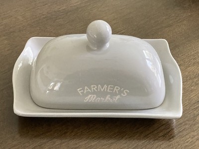 Butter Dish Keeper Covered Gray 'Farmers Market'  7''L Small Chip