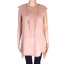 POL Womens Sweater Size Medium Pink Open Weave Sleeveless Split Side Fuzzy
