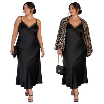 LOFT Black Satin Slip Midi Dress Lace Trim Romantic Minimalist Quiet Luxury 16P