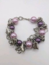 Cluster Cha Cha Bracelet Featuring Silver-Toned Links With Purple And Pink Beads