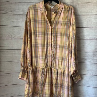 Ascot and Hart Yellow Pink Plaid Dress Button Up Front Collar Long Sleeves Large