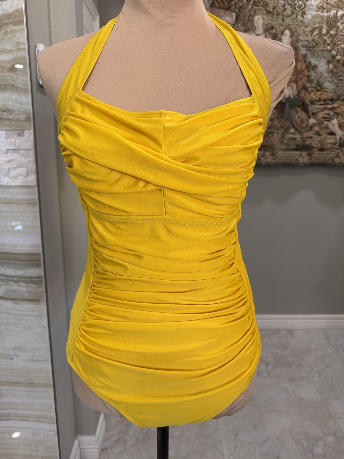 Swimsuit Womens Medium Yellow Halter Ruched One Piece Lined Bathing Suit-image