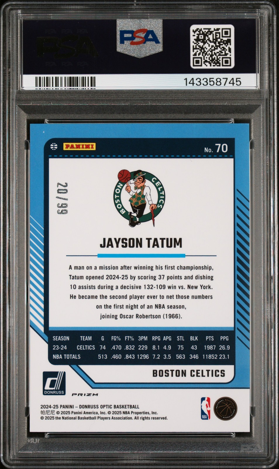2024 PANINI DONRUSS OPTIC RED & GOLD INTERNATIONAL #70 JAYSON TATUM 20/99 PSA 10 view 2