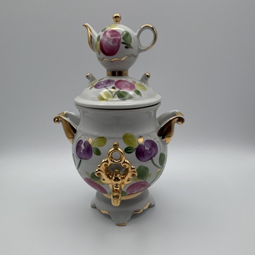 Vintage Ceramic Floral Samovar Tea Set Glazed Gold Accents Teapot Lid Handle