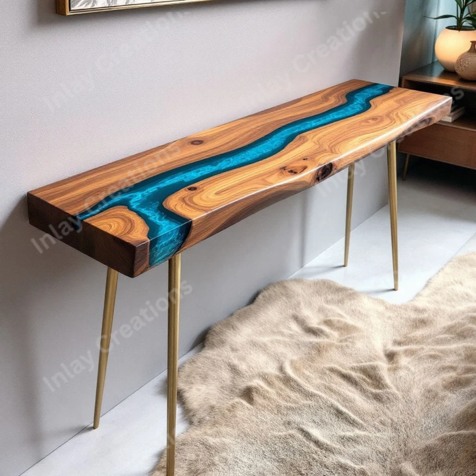 Epoxy Resin Console Table, Luxury Handmade Live Edge Wood Custom table Home Deco - Image 3 of 4