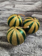 Christmas Ornaments Baubles Satin Sheen Green Gold Striped Vintage Set Of 3