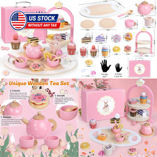 Wooden Tea Party Set for Little Girls, Toddler Girl Gifts Princess Tea Time