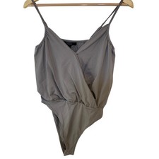 Forever 21 Surplice V-Neck Bodysuit Small Taupe Minimalist Sleek Neutral Womens