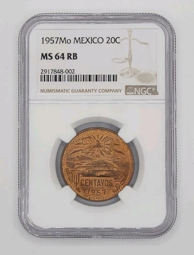 1957-Mo Bronze Mexico 20C Centavos NGC MS 64 RB Vintage Mexican Coin - FREE SHIP