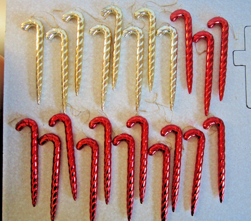 VTG Shiny Plastic Lot of 22 CANDY CANE  ORNAMENTS  16 RED &  8 GOLD Christmas