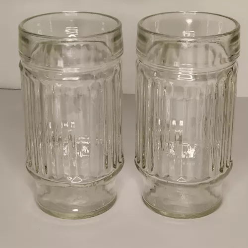 Vtg Anchor Hocking Glass 10oz Footed & Ribbed Heavy Duty Handled Mugs Set of 2