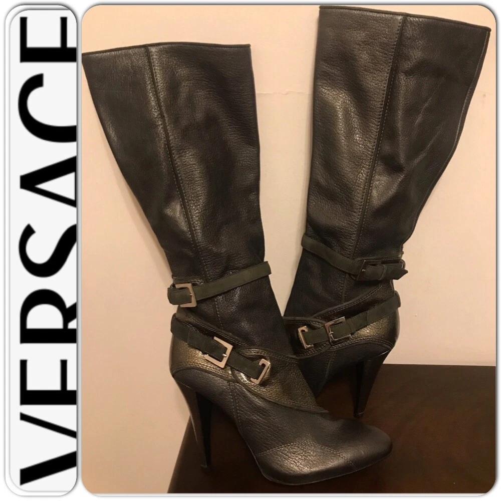 Versace Womens Knee High Stiletto Dark Gray Metallic Leather Boots