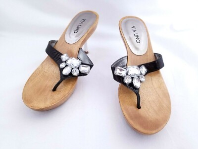 Via Uno Black Patent Jewelled Thong Sandal Heel EUR 37, Brazil 35