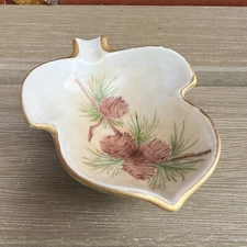 Small Ladies Boudoir Ashtray  Holder Hand Painted Pine Cones Acorn Gold Gild