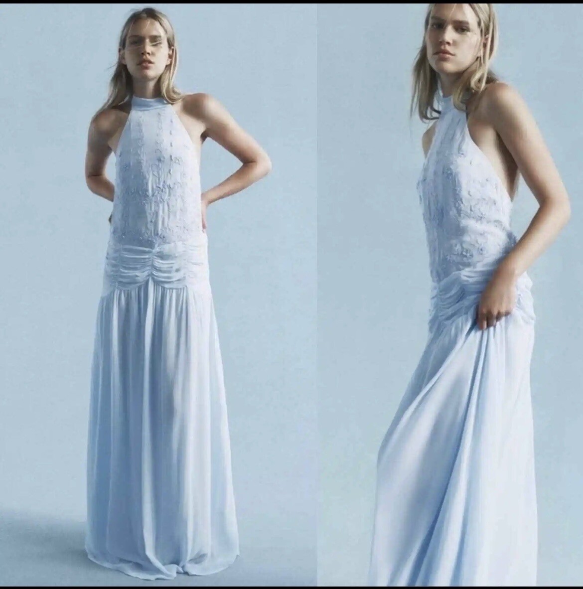 Zara New Women's Baby Blue Halter Embroidered Long Size