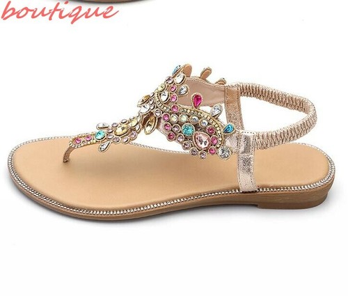 Women's Flip Flops Sandals Gladiator Rhinestones Ankle Strap Shoes Beach Sandals - Picture 10 of 13