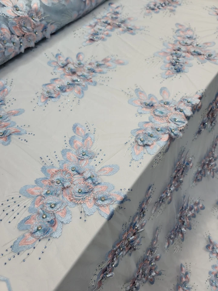 天蓝色 3d 蕾丝面料按码 3d 花卉水钻网眼舞会花边 — 第 3/4 张图片