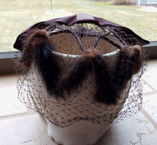 Vintage retro Woman's 1950s Real Fur Hat Fascinator Brown Satin Bow and Netting