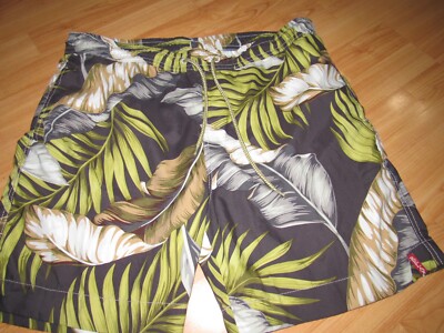 TOMMY BAHAMA Mens Large Swim Trunks Bathing Suit Gray Green Floral Pockets 